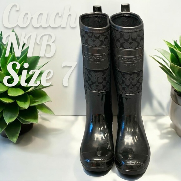 Coach New In Box Sz. 7 Pearl Monogram Signature Shiny Rubber Rain/Snow Boots NWT - Picture 4 of 14